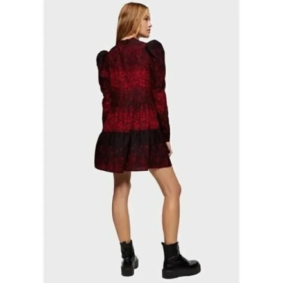 Topshop Size 2 Tiered Hem Long Puff Sleeve Shift Mini Dress Floral Red Black NEW - Picture 4 of 11